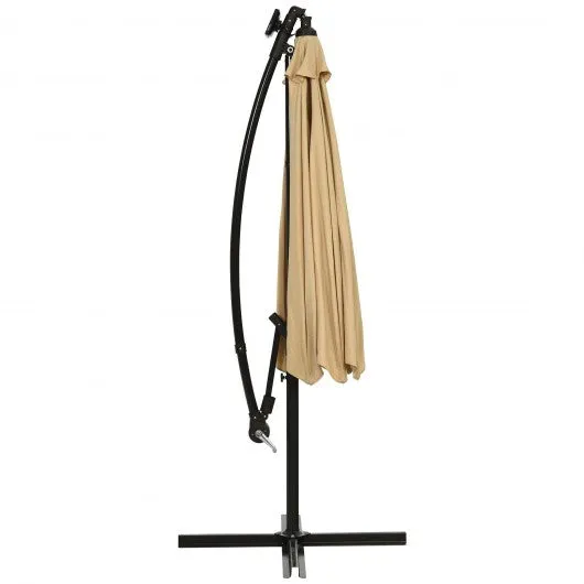 10 Ft Solar LED Offset Umbrella with 40 Lights and Cross Base for Patio-Tan